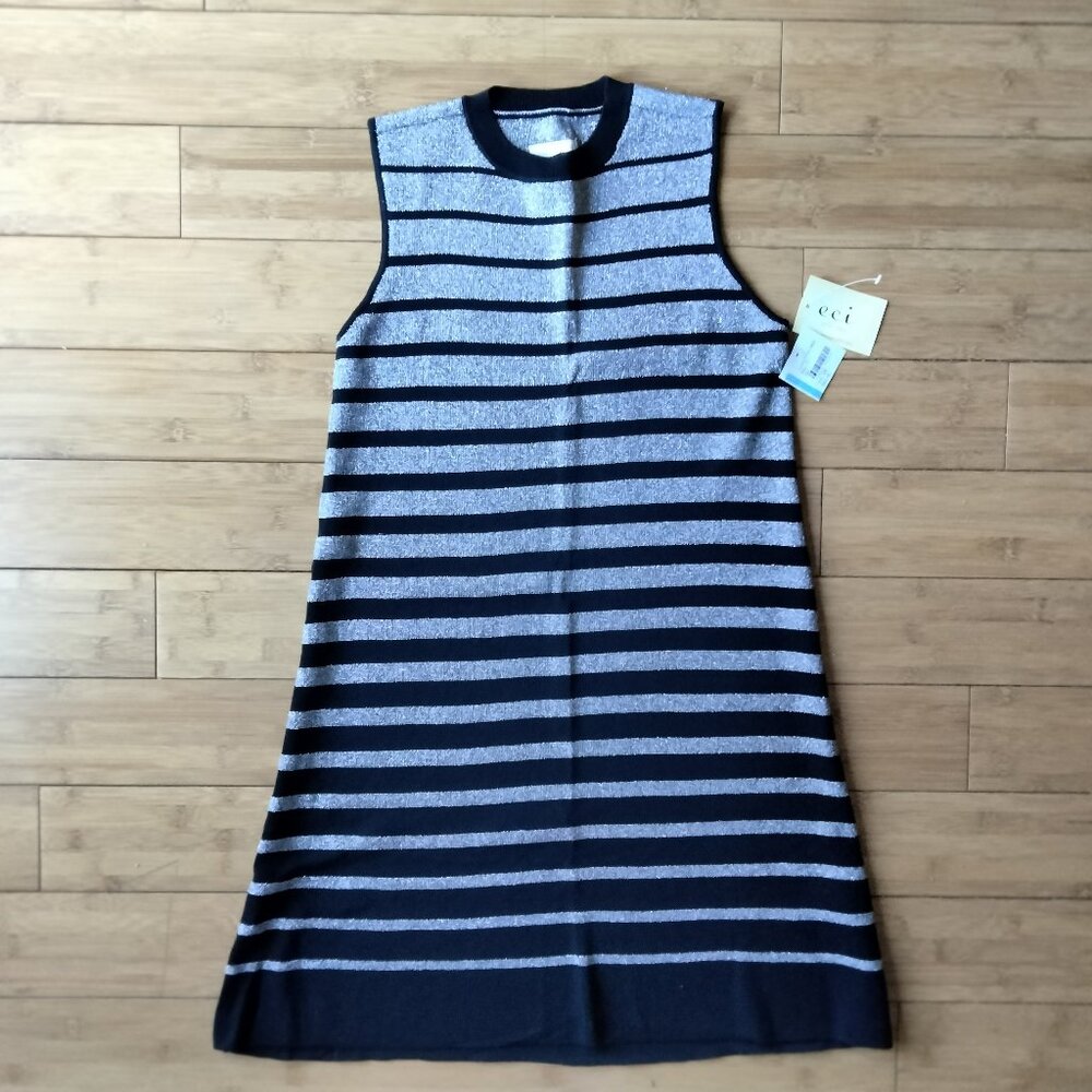 ECI Nordstrom NWT Size S Sleeveless A-Line Metallic Silver & Black Striped Dress